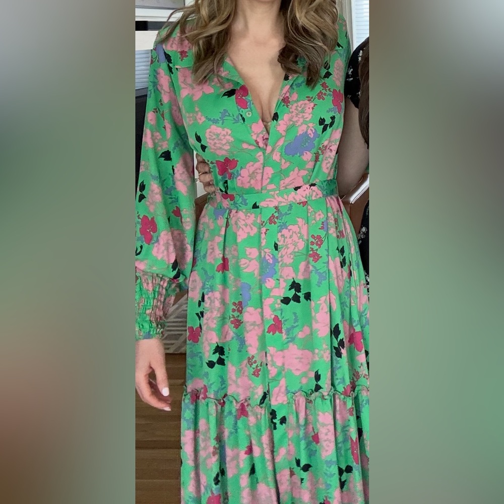 Misa Los Angeles Green Floral Long Sleeve Maxi Dress